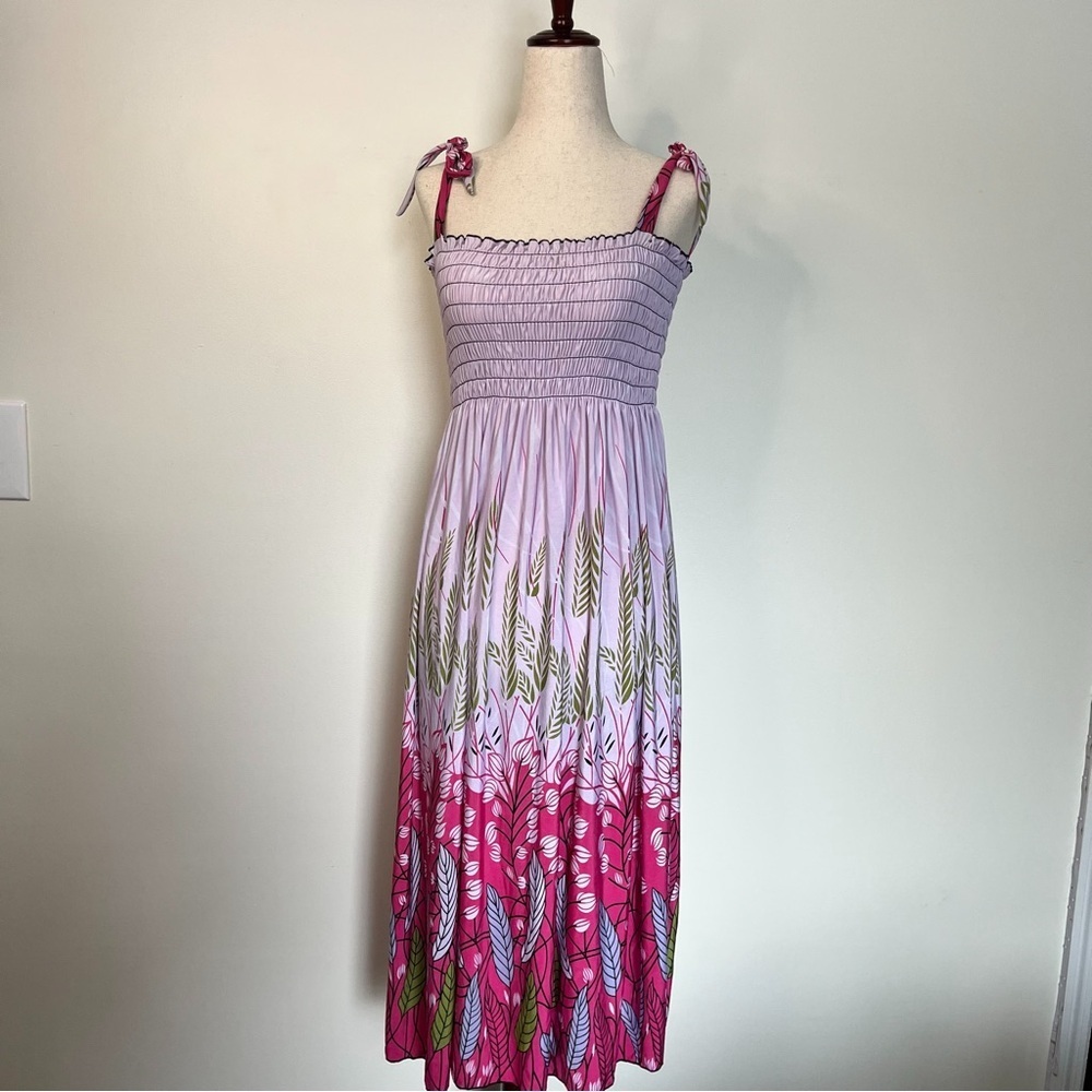 WinWin Pink Floral Botanical Smocked Tie Strap Maxi Sundress Size Large